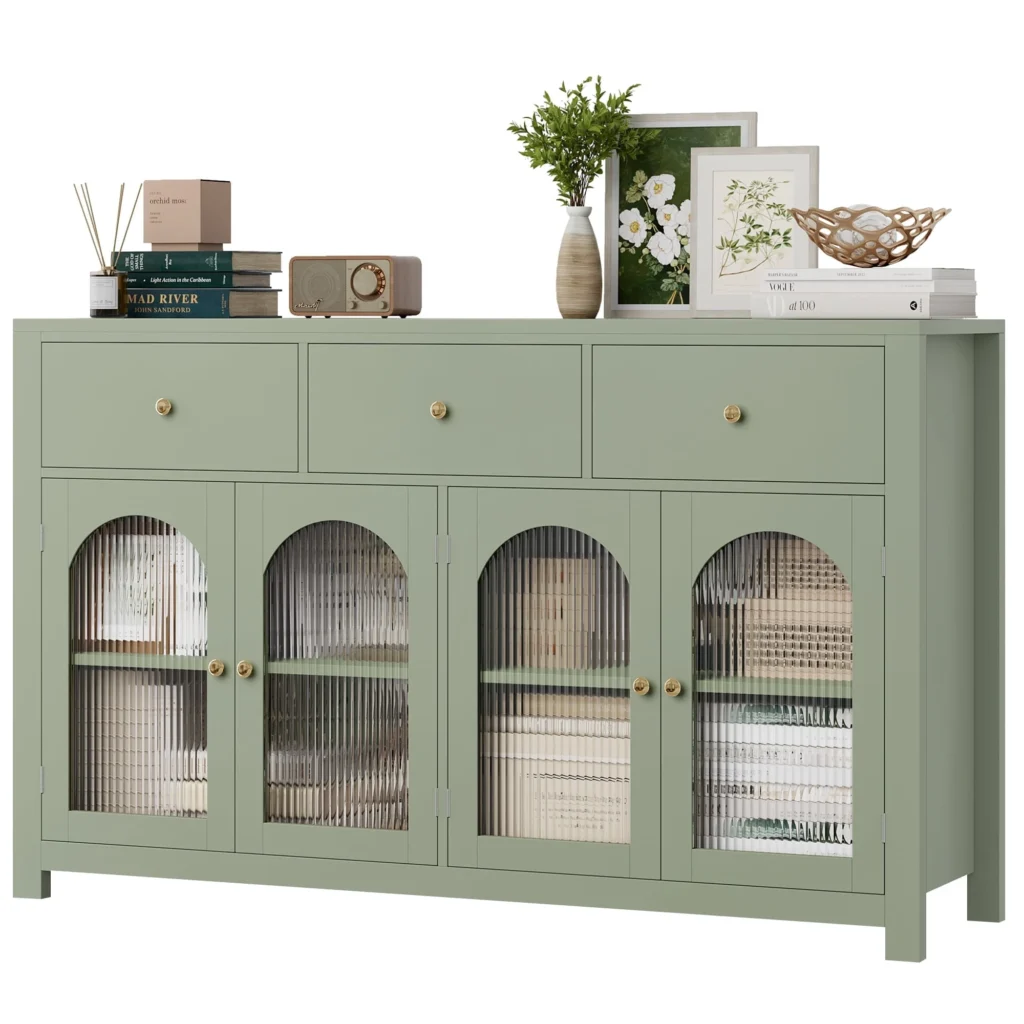 Homfa 55 Wide Buffet Credenzas Large Dining Sideboard with 3 Drawers 4 Glass Doors Wood Coffee Bar Cabinet Green
