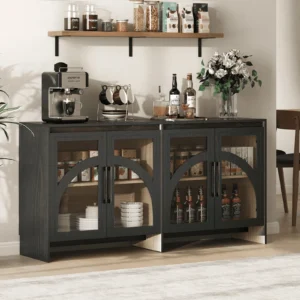 Homfa 55 Wide Buffet Credenzas Large Dining Sideboard with 3 Drawers 4 Glass Doors Wood Coffee Bar Cabinet Green