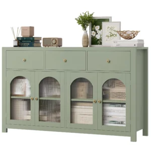 Homfa 55 Wide Buffet Credenzas Large Dining Sideboard with 3 Drawers 4 Glass Doors Wood Coffee Bar Cabinet Green