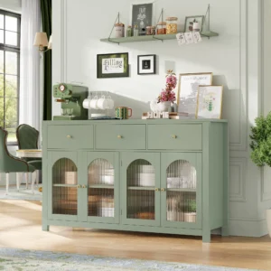 Homfa 55 Wide Buffet Credenzas Large Dining Sideboard with 3 Drawers 4 Glass Doors Wood Coffee Bar Cabinet Green