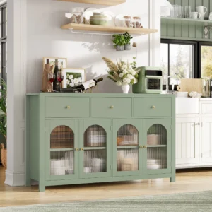 Homfa 55 Wide Buffet Credenzas Large Dining Sideboard with 3 Drawers 4 Glass Doors Wood Coffee Bar Cabinet Green