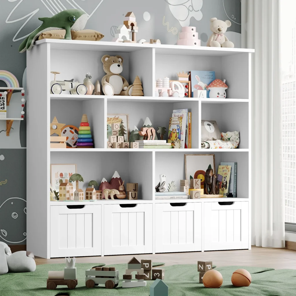 Homfa 7 Cube Toy Storage Organizer Kids Geometric Bookcase and Bookshelf with 4 Drawers White