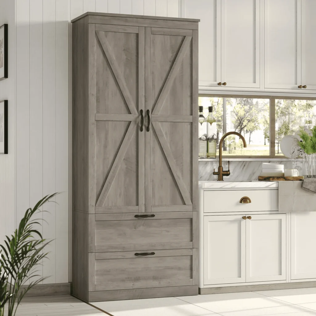 Homfa 70″ Tall Farmhouse Kitchen Pantry Cabinet – Rustic Brown Storage β close-up detail of design and finish