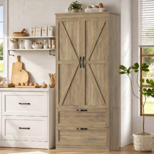 Homfa 70 Tall Kitchen Pantry with Shelf Drawer Farmhouse 2 Door Pantry Storage Cabinet for Dining Room Living Room Rustic Brown