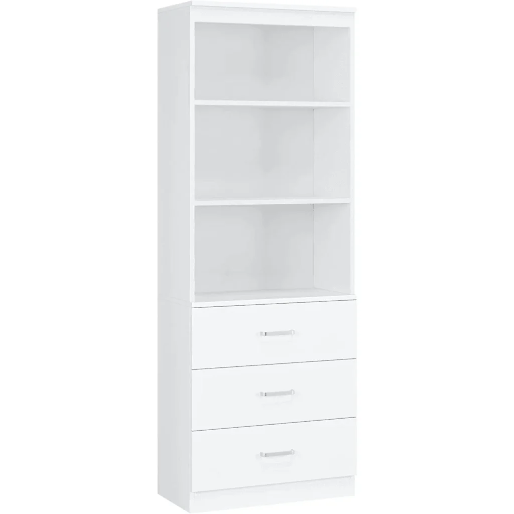 Homfa 71″ Tall Wooden Bookcase – 3 Drawers, 3 Tiers, White Finish β alternate angle showing full product