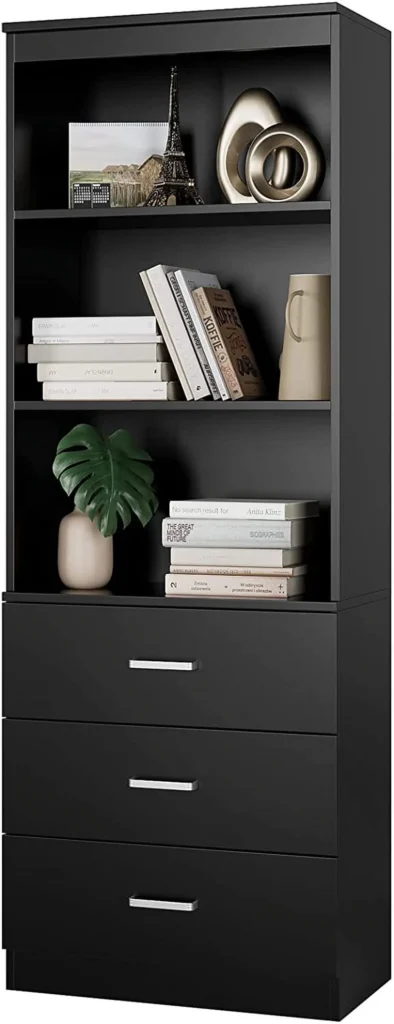 Homfa 71″ Tall Wooden Bookcase – 3 Drawers, 3 Tiers, White Finish β close-up detail of design and finish
