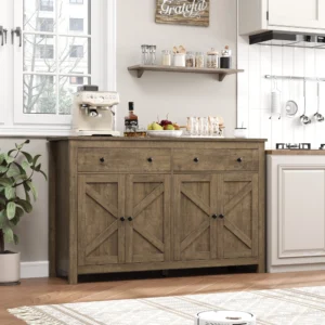 Homfa Farmhouse Kitchen Sideboard, 4-Doors 2-Drawers Wood Buffet