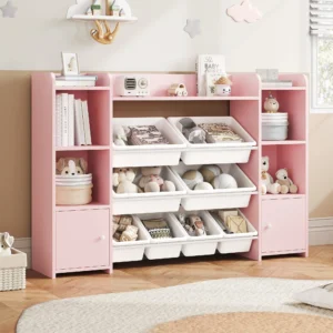 Homfa Kids Toy Organization Cubby Bookcase with 9 Bin 2 Door White Storage Organizer Bookshelf for Children Room Playroom