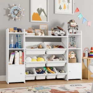 Homfa Kids Toy Organization Cubby Bookcase with 9 Bin 2 Door White Storage Organizer Bookshelf for Children Room Playroom