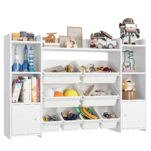 Homfa Kids Toy Organization Cubby Bookcase with 9 Bin 2 Door White Storage Organizer Bookshelf for Children Room Playroom