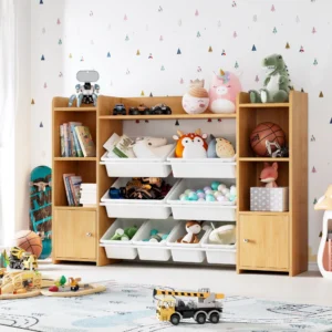 Homfa Kids Toy Organization Cubby Bookcase with 9 Bin 2 Door White Storage Organizer Bookshelf for Children Room Playroom