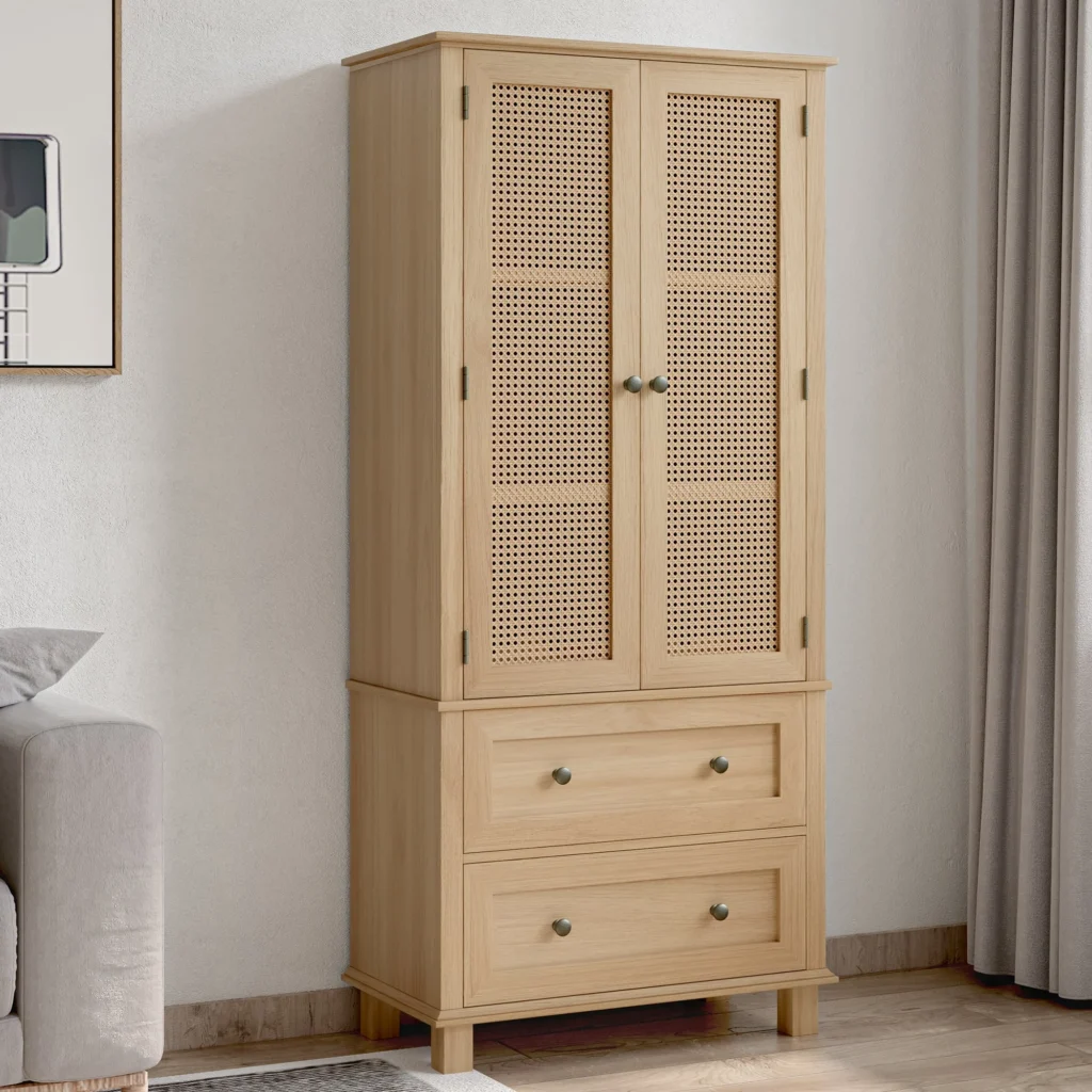 Homfa Storage Cabinet with Rattan Doors Tall Cabinet Rattan Cabinet with Drawers Accent Versatile Cabinet for Living Room Oak — alternate angle showing full product