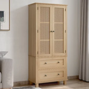 Homfa Storage Cabinet with Rattan Doors Tall Cabinet Rattan Cabinet with Drawers Accent Versatile Cabinet for Living Room Oak