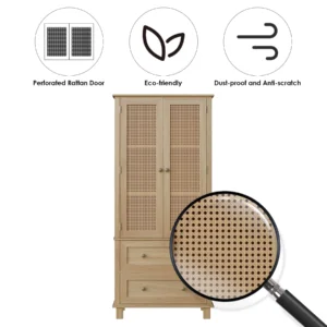 Homfa Storage Cabinet with Rattan Doors Tall Cabinet Rattan Cabinet with Drawers Accent Versatile Cabinet for Living Room Oak