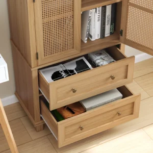 Homfa Storage Cabinet with Rattan Doors Tall Cabinet Rattan Cabinet with Drawers Accent Versatile Cabinet for Living Room Oak