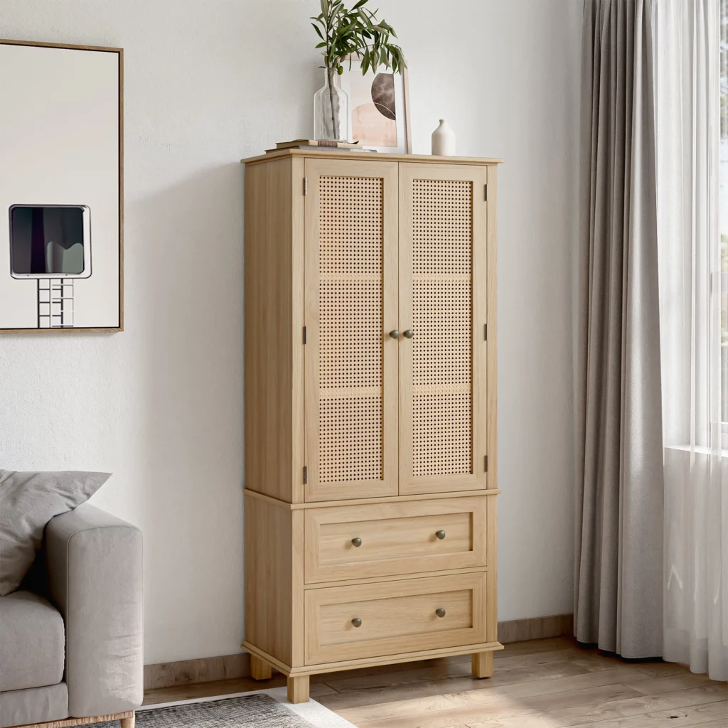 Homfa Storage Cabinet with Rattan Doors Tall Cabinet Rattan Cabinet with Drawers Accent Versatile Cabinet for Living Room Oak