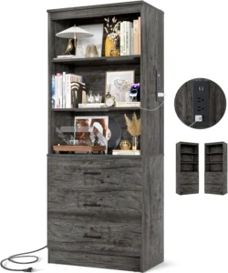 Homieasy 71 Inch Tall Wooden Bookshelf USB Ports Outlets 3 Drawer Storage Cabinet Open Shelves Living Room Home Office Organization White