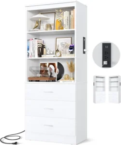 Homieasy 71 Inch Tall Wooden Bookshelf USB Ports Outlets 3 Drawer Storage Cabinet Open Shelves Living Room Home Office Organization White