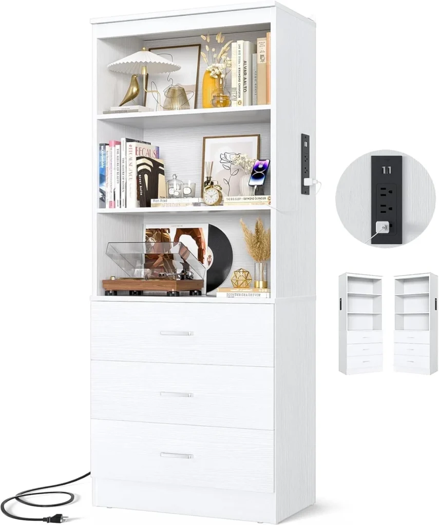Homieasy 71 Inch Tall Wooden Bookshelf USB Ports Outlets 3 Drawer Storage Cabinet Open Shelves Living Room Home Office Organization White