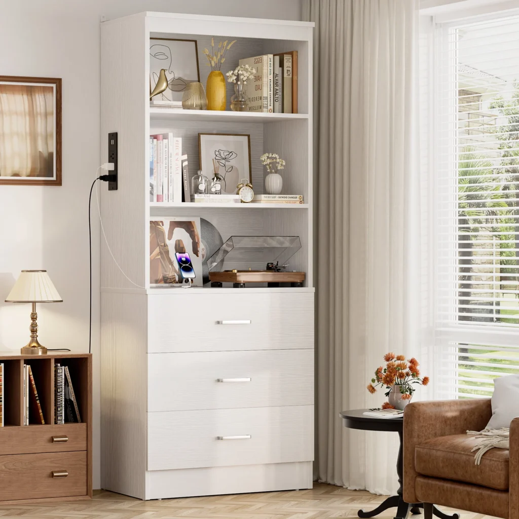 Homieasy 71″ Tall Bookshelf with USB & Outlets – Integrated Power Storage — close-up detail of design and finish