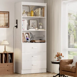Homieasy 71 Inch Tall Wooden Bookshelf USB Ports Outlets 3 Drawer Storage Cabinet Open Shelves Living Room Home Office Organization White