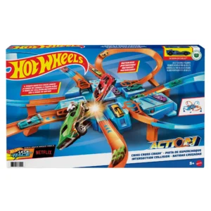 Hot Wheels Action 4 Loop Crash Out Track Set with Motorized Booster 1 64 Scale Toy Car