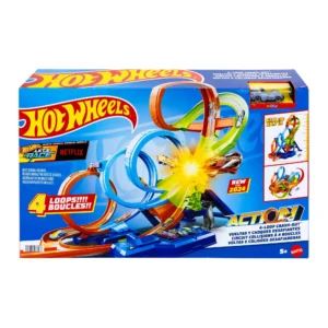 Hot Wheels Action 4 Loop Crash Out Track Set with Motorized Booster 1 64 Scale Toy Car
