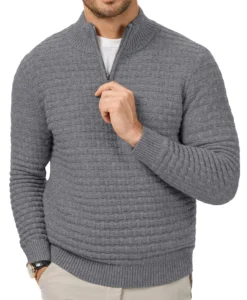 Iceglad Mens Quarter Zip Sweater Textured Knit Mock Neck Pullover Business Casual Slim Fit Knit Texture Sweater