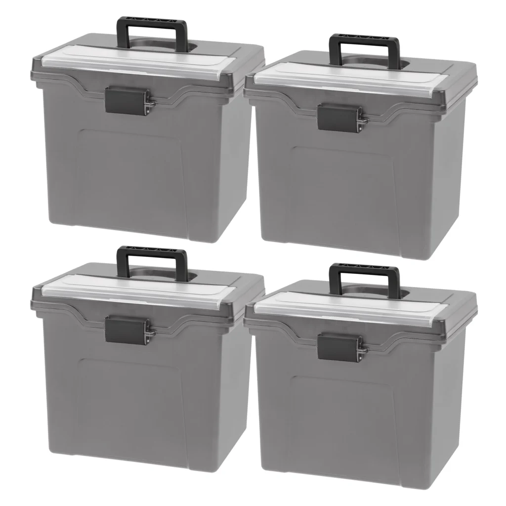 IRIS USA Portable Letter Plastic File Box w Organizer Lid Black — close-up detail of design and finish