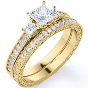 JeenMata 1 25 ct Square Moissanite Double Halo Twisted Band Vintage Inspired Pave Wedding Ring Set in 18K White Gold over Silver