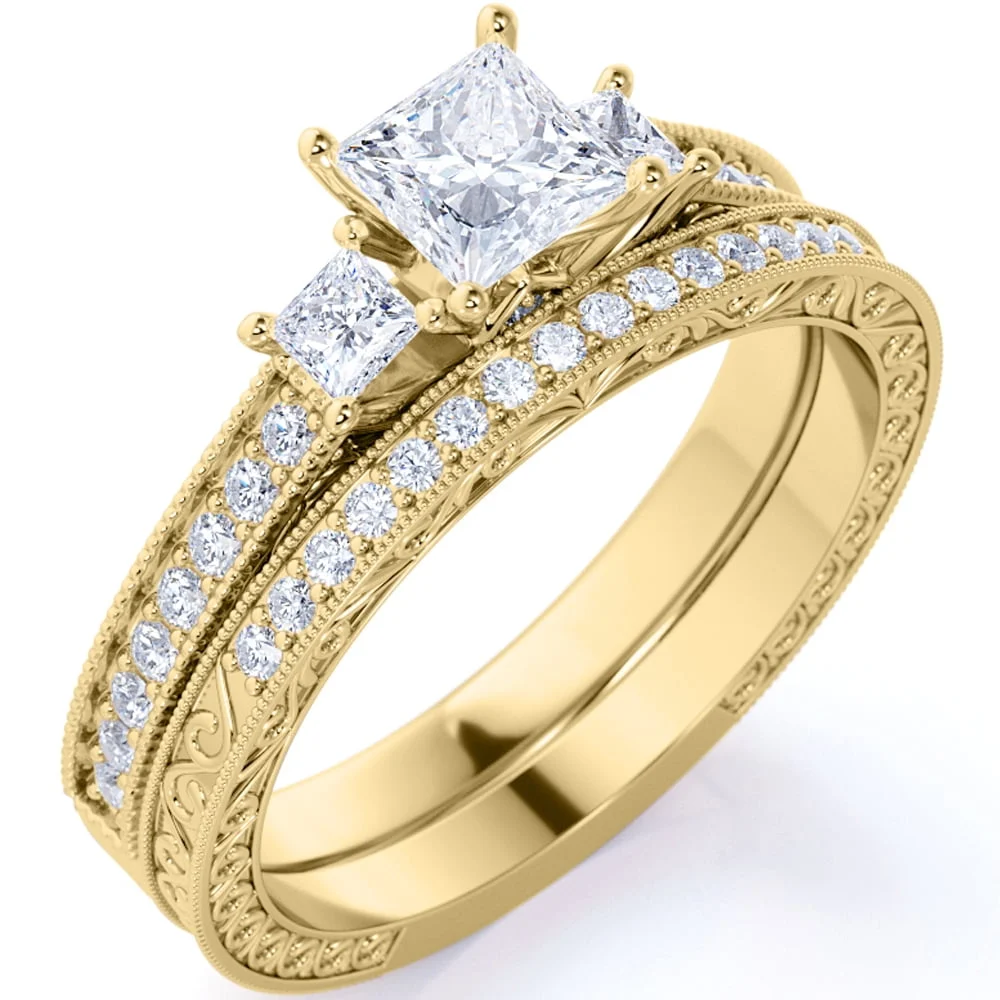 JeenMata 1.25ct Square Moissanite Double Halo Wedding Ring Set – Vintage 18K White Gold — alternate angle showing full product