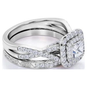 JeenMata 1 25 ct Square Moissanite Double Halo Twisted Band Vintage Inspired Pave Wedding Ring Set in 18K White Gold over Silver
