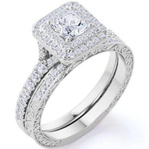 JeenMata 1 25 ct Square Moissanite Double Halo Twisted Band Vintage Inspired Pave Wedding Ring Set in 18K White Gold over Silver
