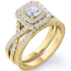 JeenMata 1 25 ct Square Moissanite Double Halo Twisted Band Vintage Inspired Pave Wedding Ring Set in 18K White Gold over Silver