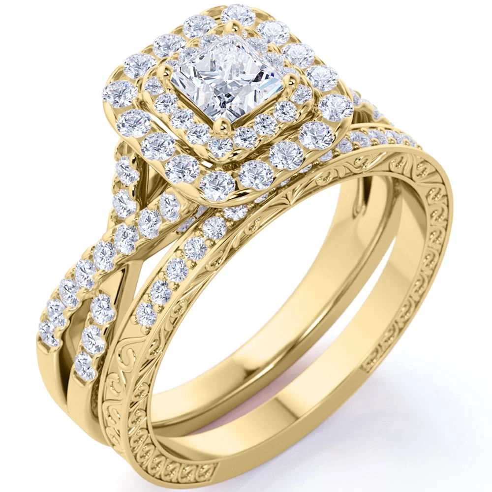 JeenMata 1 25 ct Square Moissanite Double Halo Twisted Band Vintage Inspired Pave Wedding Ring Set in 18K White Gold over Silver