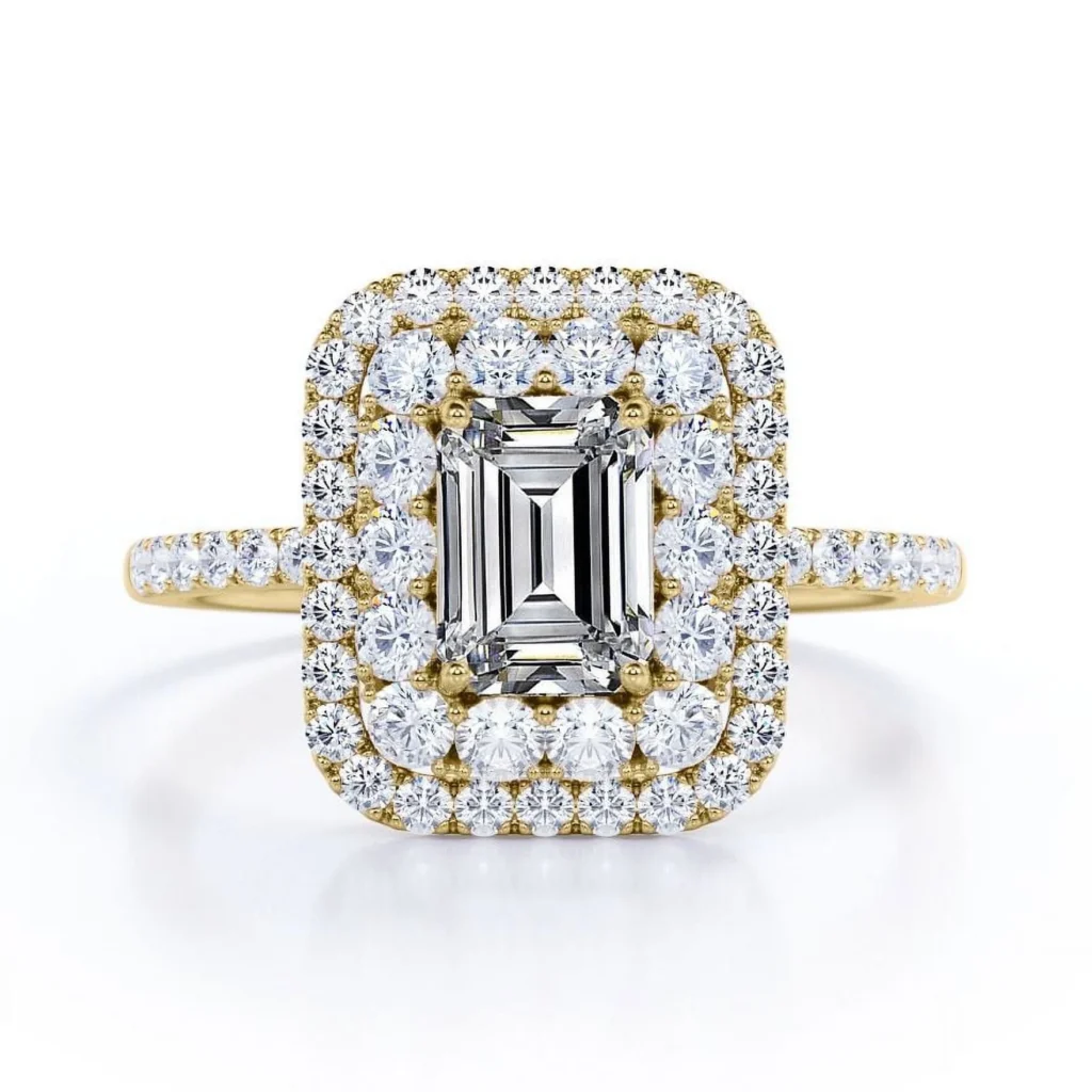 JeenMata 1 5 Carat Emerald Cut Moissanite Engagement Ring Bridal Ring Double Halo Ring Cluster Ring 18k White Gold Over Silver