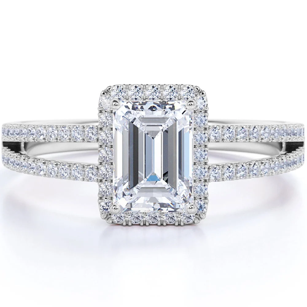 JeenMata 1.5 Carat Emerald Cut Moissanite Engagement Ring – Double Halo 18k White Gold Over Silver — alternate angle showing full product