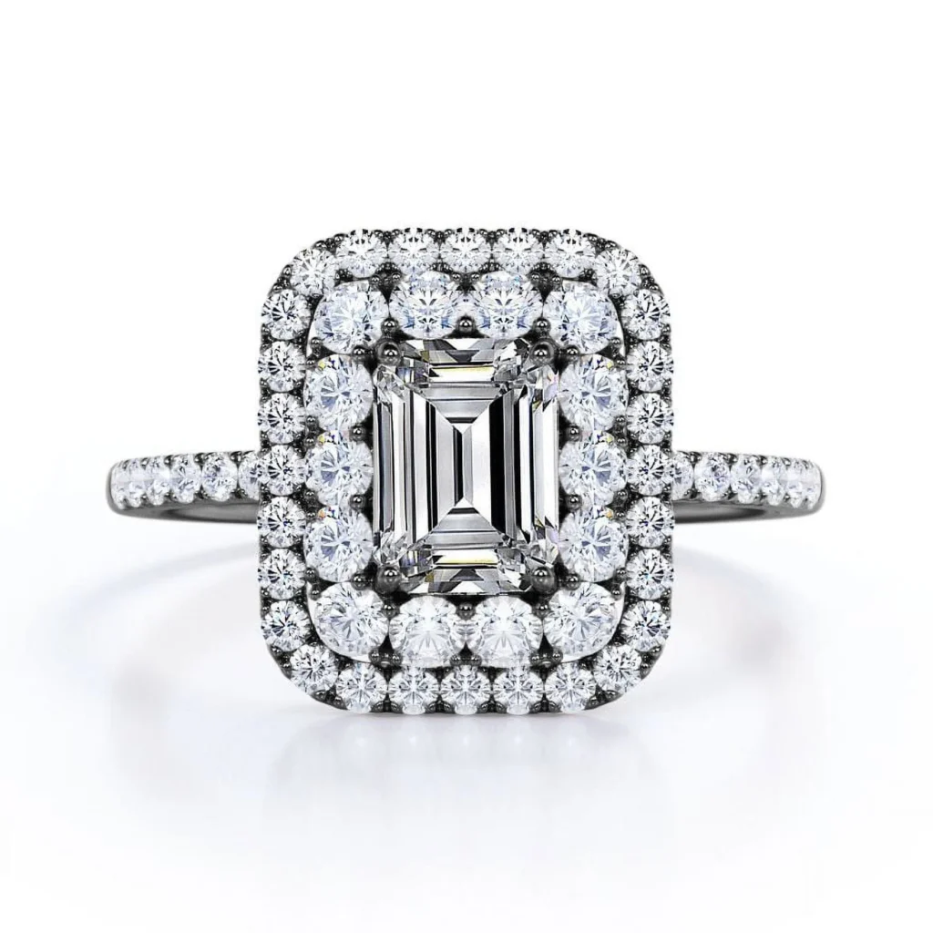 JeenMata 1.5 Carat Emerald Cut Moissanite Engagement Ring – Double Halo 18k White Gold Over Silver — close-up detail of design and finish