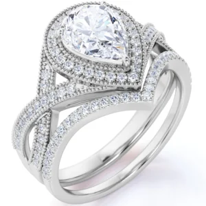 JeenMata 1 5 Carat Pear Cut Moissanite Wedding Set Bridal Set Art Deco Ring Halo Ring Cluster Ring 18k White Gold Over Silver