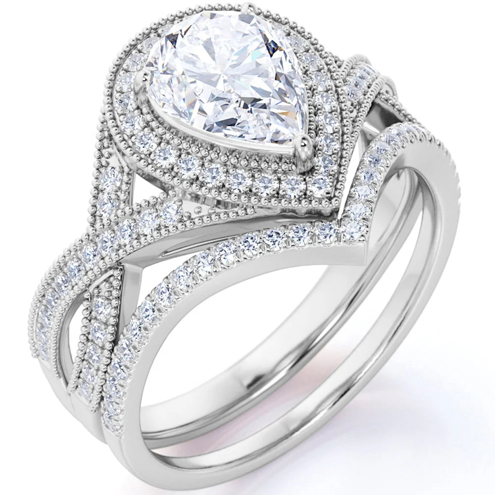 JeenMata 1 5 Carat Pear Cut Moissanite Wedding Set Bridal Set Art Deco Ring Halo Ring Cluster Ring 18k White Gold Over Silver