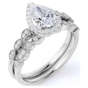JeenMata 1 5 Carat Pear Cut Moissanite Wedding Set Bridal Set Art Deco Ring Halo Ring Cluster Ring 18k White Gold Over Silver