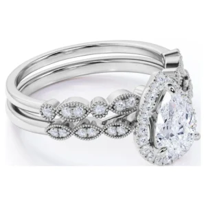 JeenMata 1 5 Carat Pear Cut Moissanite Wedding Set Bridal Set Art Deco Ring Halo Ring Cluster Ring 18k White Gold Over Silver