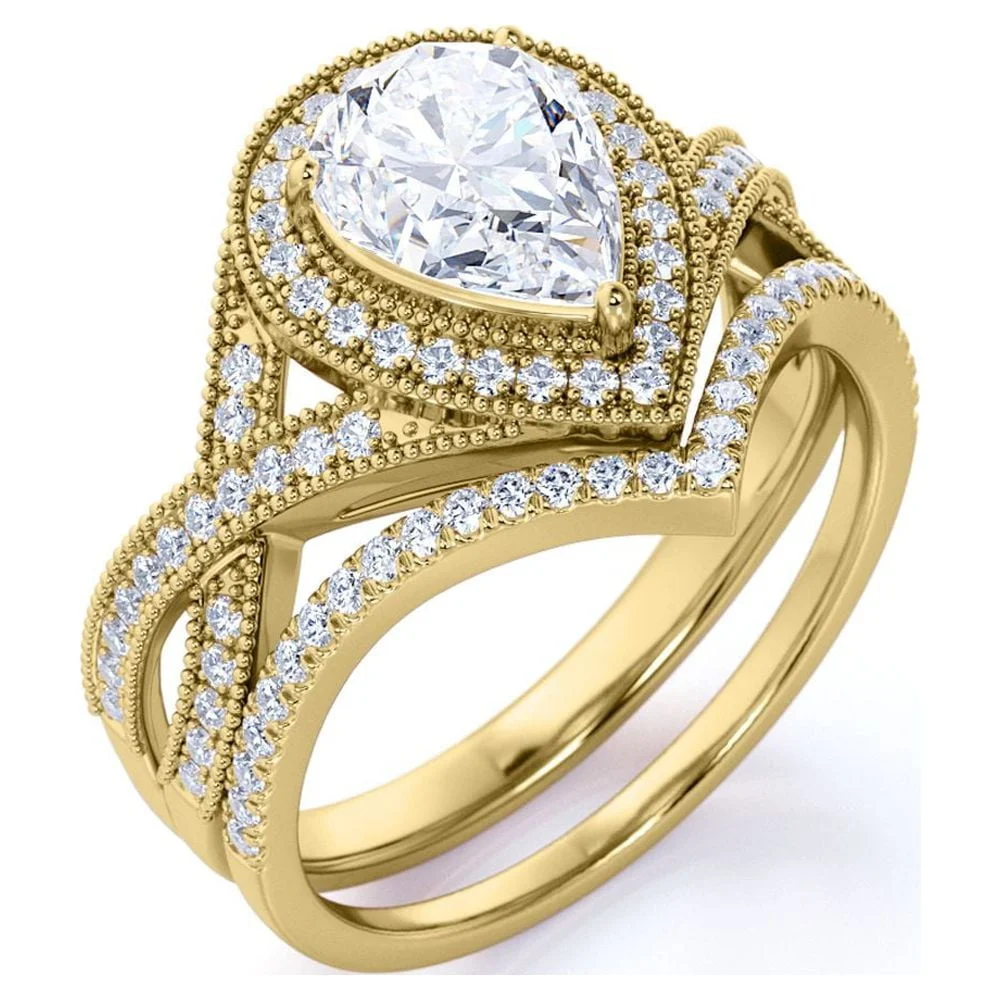 JeenMata 1.5ct Pear Cut Moissanite Wedding Set – Art Deco White Gold Over Silver — alternate angle showing full product