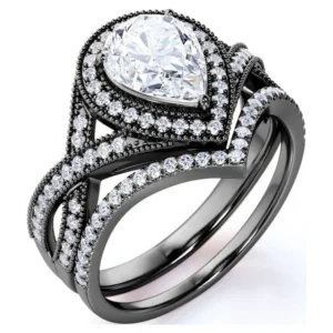 JeenMata 1 5 Carat Pear Cut Moissanite Wedding Set Bridal Set Art Deco Ring Halo Ring Cluster Ring 18k White Gold Over Silver