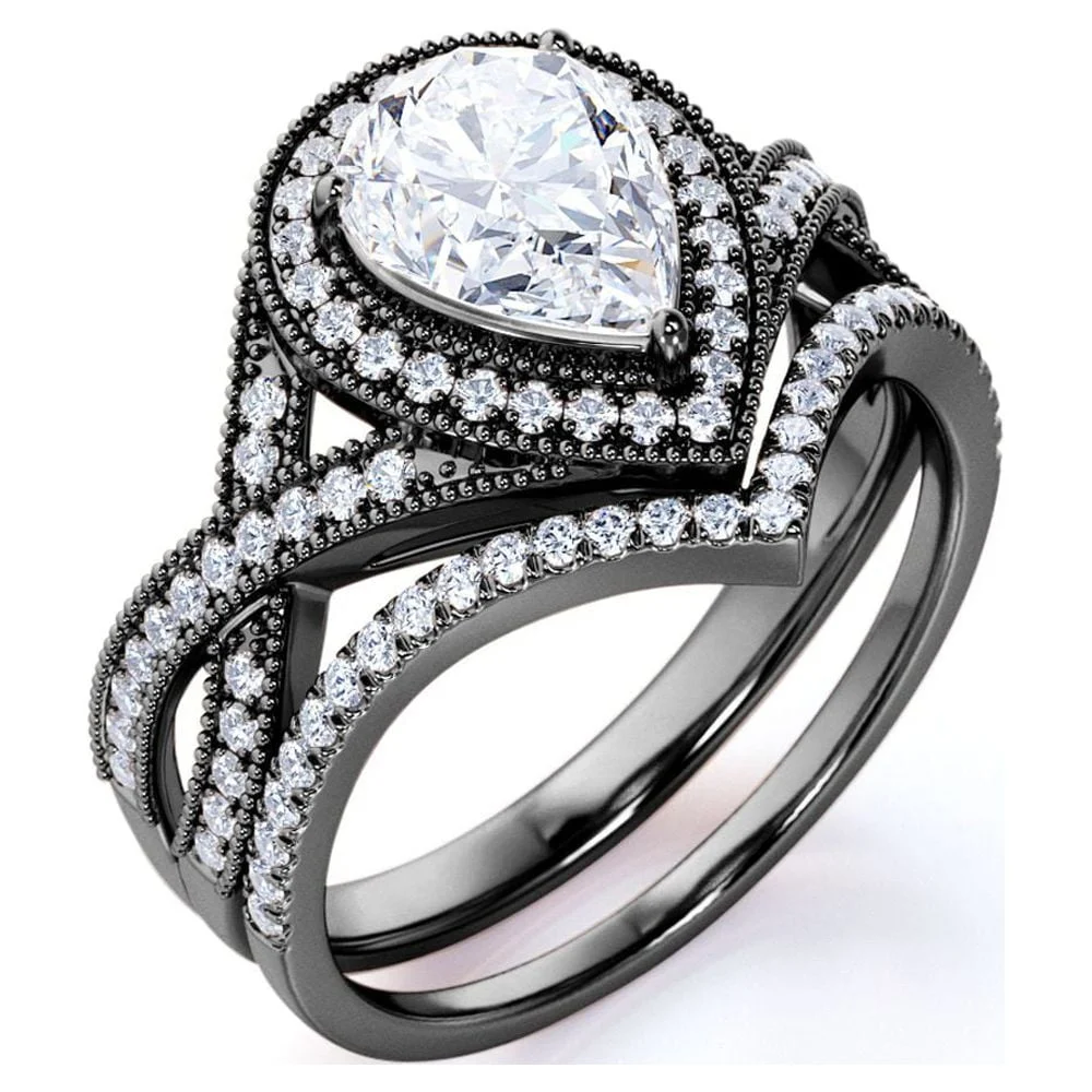 JeenMata 1.5ct Pear Cut Moissanite Wedding Set – Art Deco White Gold Over Silver — close-up detail of design and finish