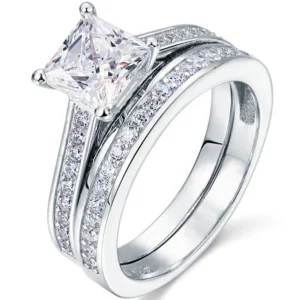 JeenMata 1.50 Carat Princess Cut Moissanite Wedding Set – Bridal Set – Channel Set Ring – Handmade Ring – 18k White Gold Plated for Women