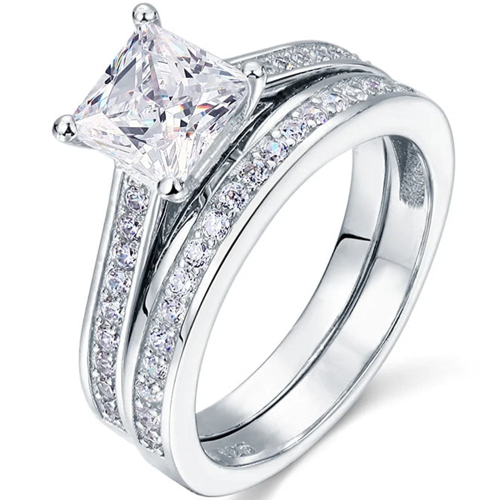 JeenMata 1.50 Carat Princess Cut Moissanite Wedding Set – Bridal Set – Channel Set Ring – Handmade Ring – 18k White Gold Plated for Women