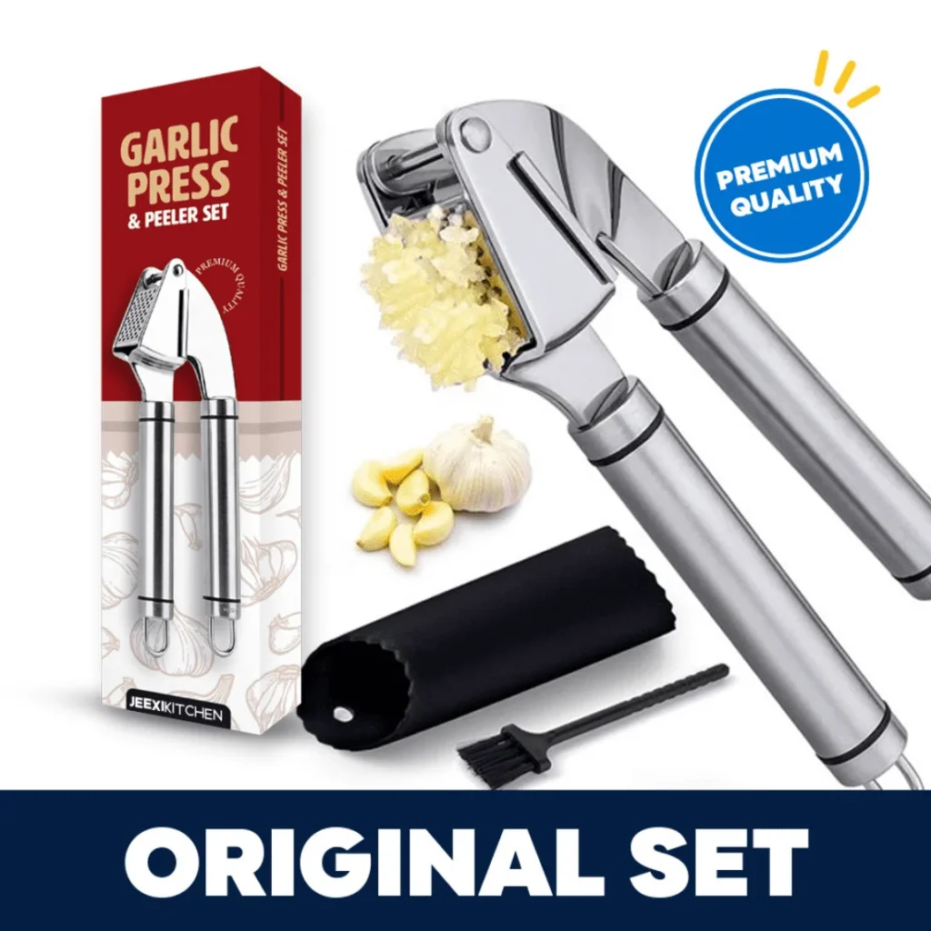JEEXI Garlic Press Set Stainless Steel Mincer Premium Crusher Peeler Brush Set Professional Grade Easy Clean Dishwasher Safe Rust proof