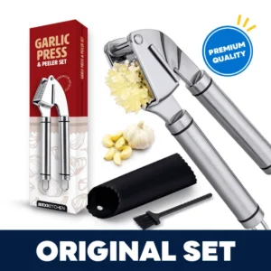 JEEXI Garlic Press Set Stainless Steel Mincer Premium Crusher Peeler Brush Set Professional Grade Easy Clean Dishwasher Safe Rust proof