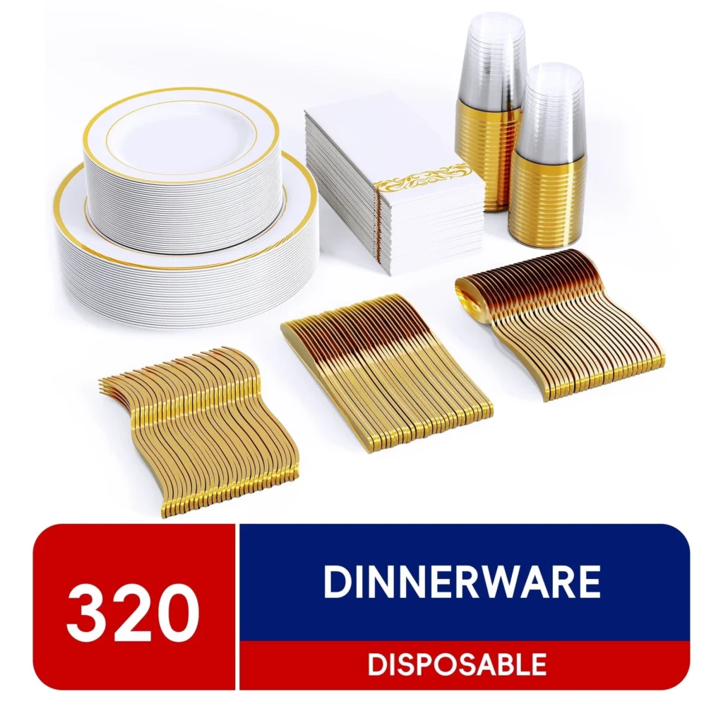 JOLLY CHEF 320 Piece Gold Rim Dinnerware Set Disposable Plastic Plates Party 45 Dinner Plates 45 salad Plates 50 Linen Feel Napkins 45 Cups 45 Silver